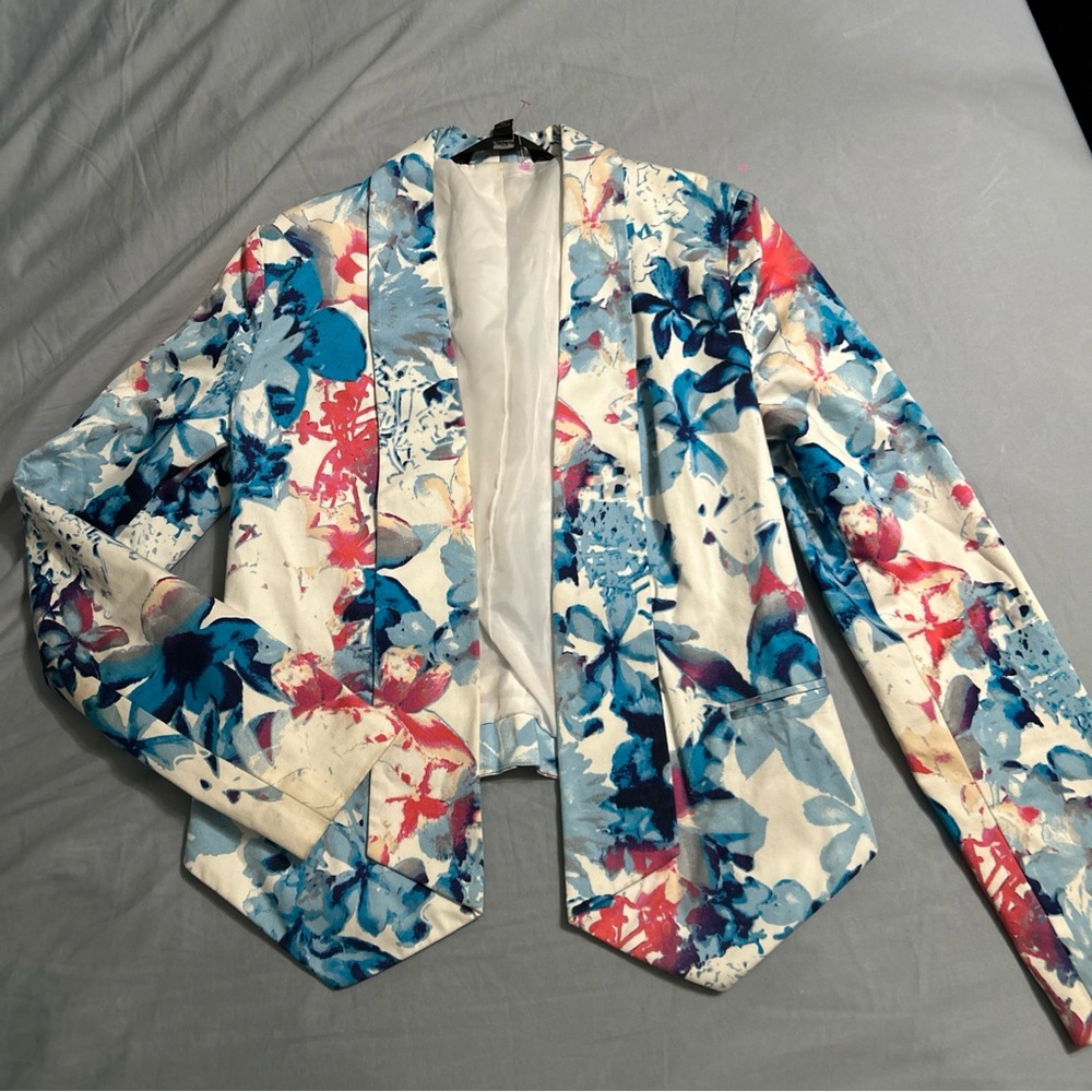Mossimo Blazer Jacket Women’s Size XS White-Blue Floral | Preowned |‎ BZ2